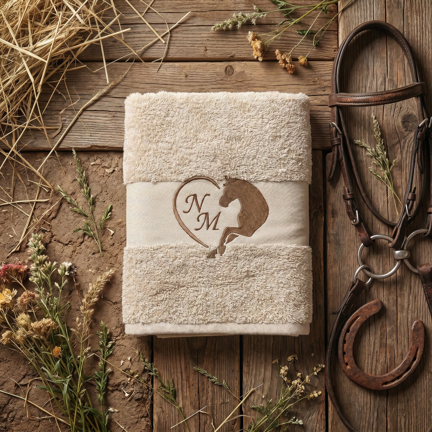 Sandfarbenes flauschiges Handtuch mit Pferdenmotiv und Initialen bestickt