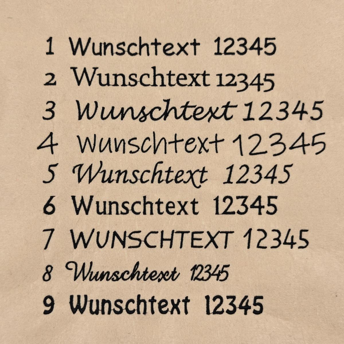 Eine Auflistung der möglichen Schriftarten für die Personalisierung.