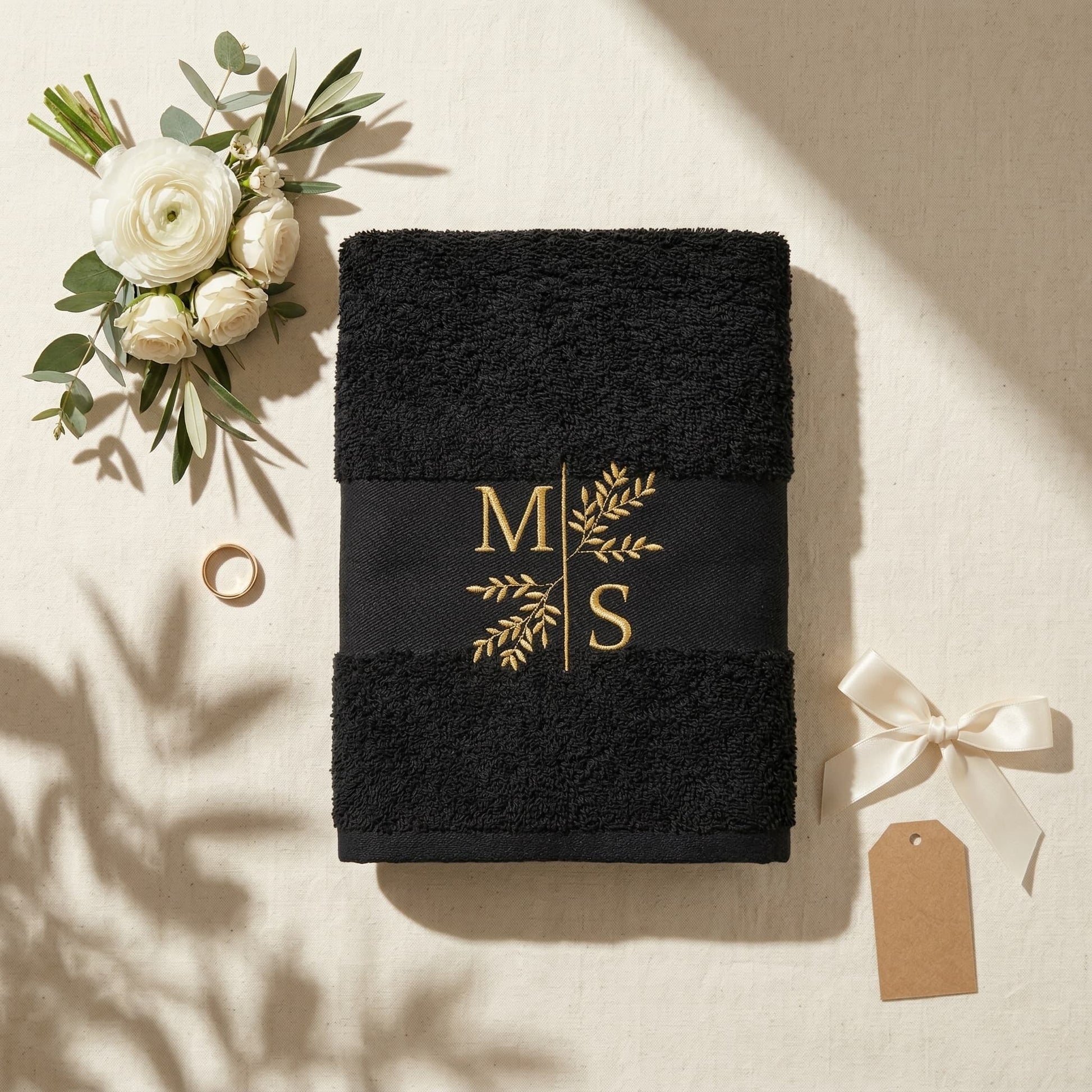 Personalisiertes schwarzes Handtuch mit Initialen und floraler Stickerei