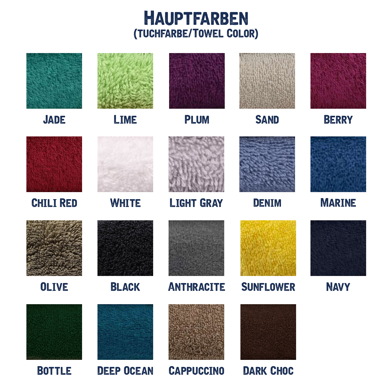 EIne Auflistung den möglichen Handtuchfarben